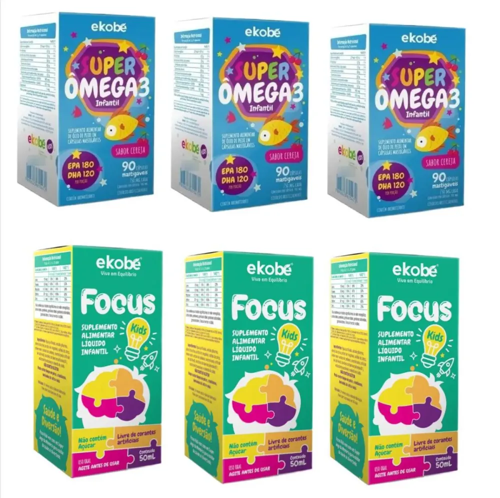 3x Focus Kids para Memória + 3x Super Ômega 3 - Ekobé Kids