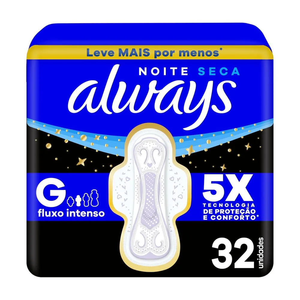 Absorvente Always Noite Seca com Abas Fluxo Intenso 32 Unidades