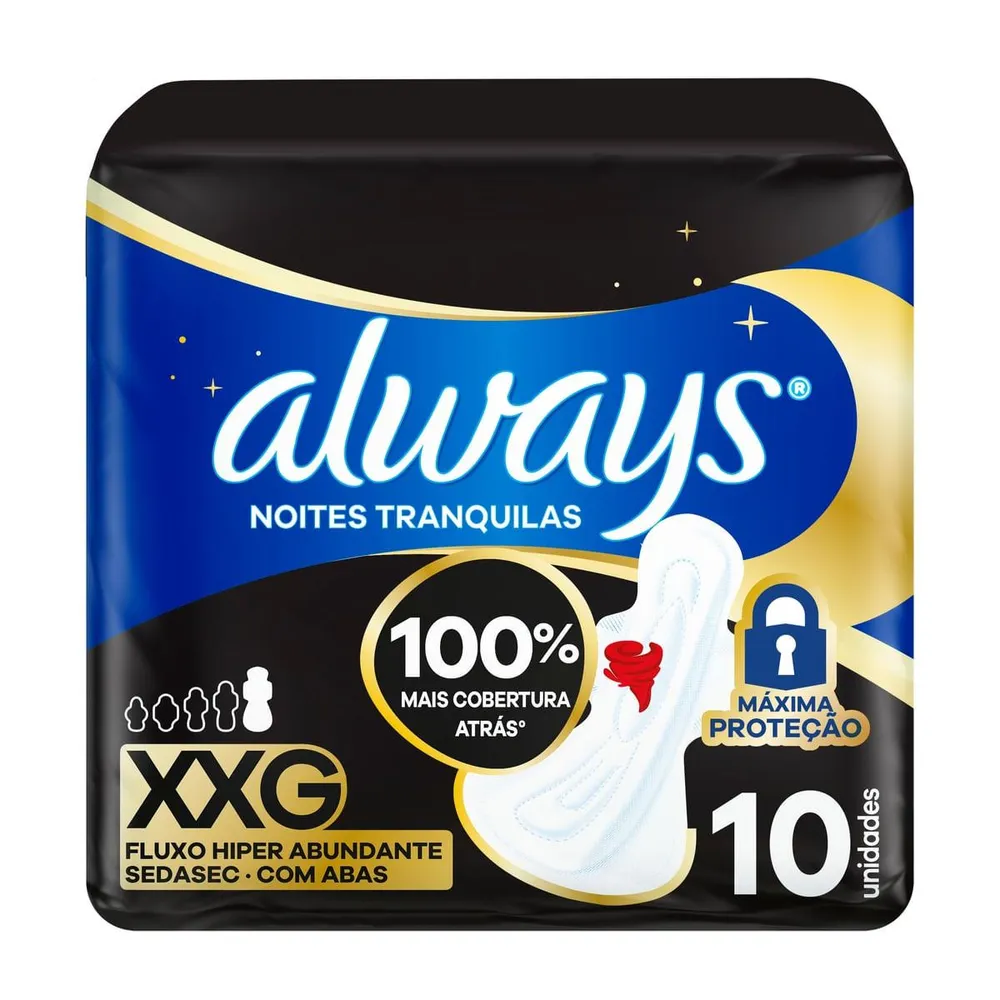 Absorvente Always Noites Tranquilas com Abas Fluxo Hiper Abundante 10 Unidades