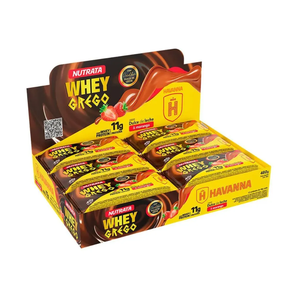 Barra Whey Grego Bar - 12 Unidades de 40G Dulce de Leche Havanna e Morango - Nutrata