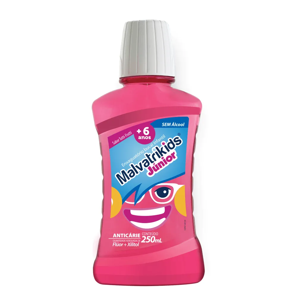 Enxaguante Bucal Infantil Malvatrikids Júnior Flúor Xilitol Zero Álcool Sabor Tutti Frutti 250ml