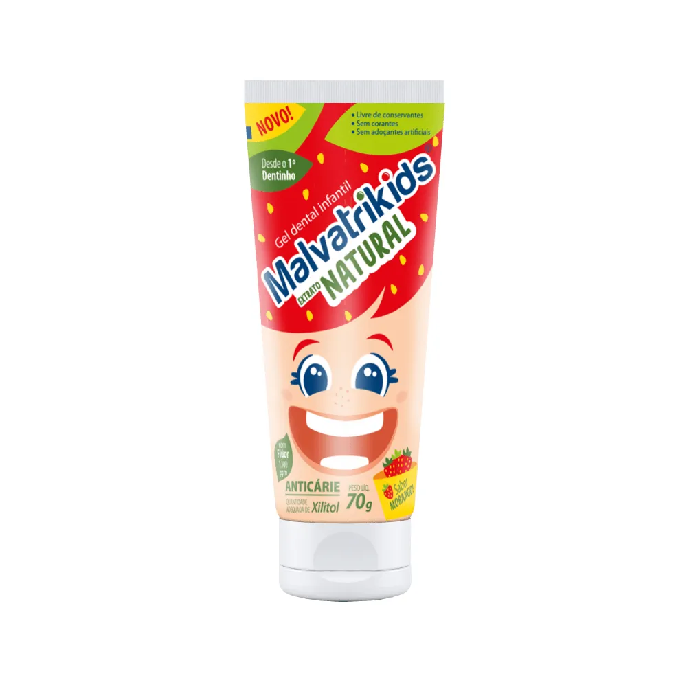 Gel Dental Infantil Malvatrikids Extrato Natural Anticáries Flúor Xilitol Sabor Morango 70g