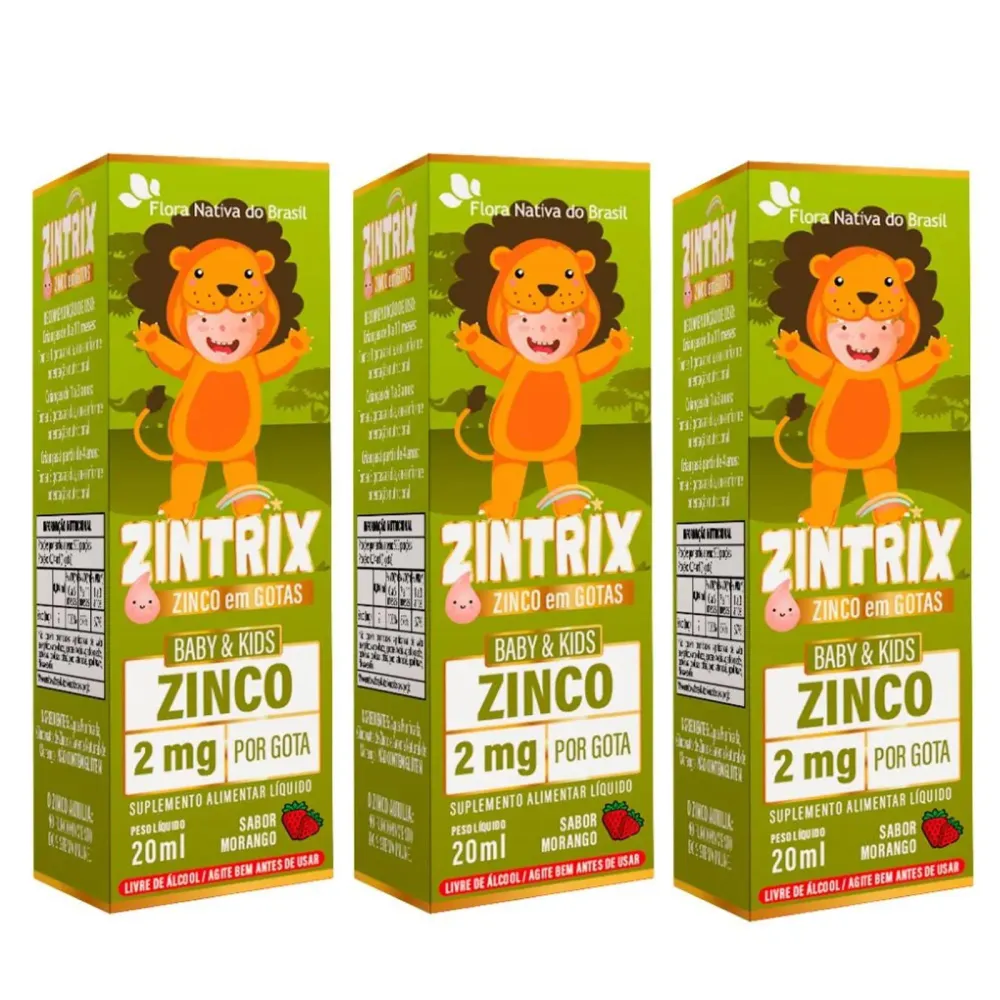 Kit 3x Zintrix (zinco Infantil) 20ml - Flora Nativa Sabor Morango