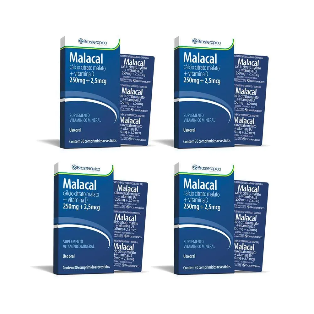 Kit 4 Malacal 250/2 905 Mg 30 Cp Calcio Vit D3 Brasterapica