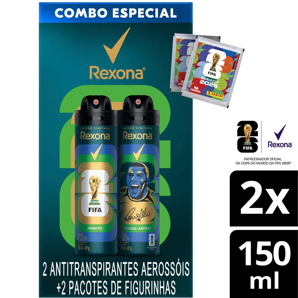 Kit Desodorante Antitranspirante Aerossol Rexona Men Fifa 26 Impacto 150ml + Invisible Antibac 150ml + 2 Pacotes De Figurinhas