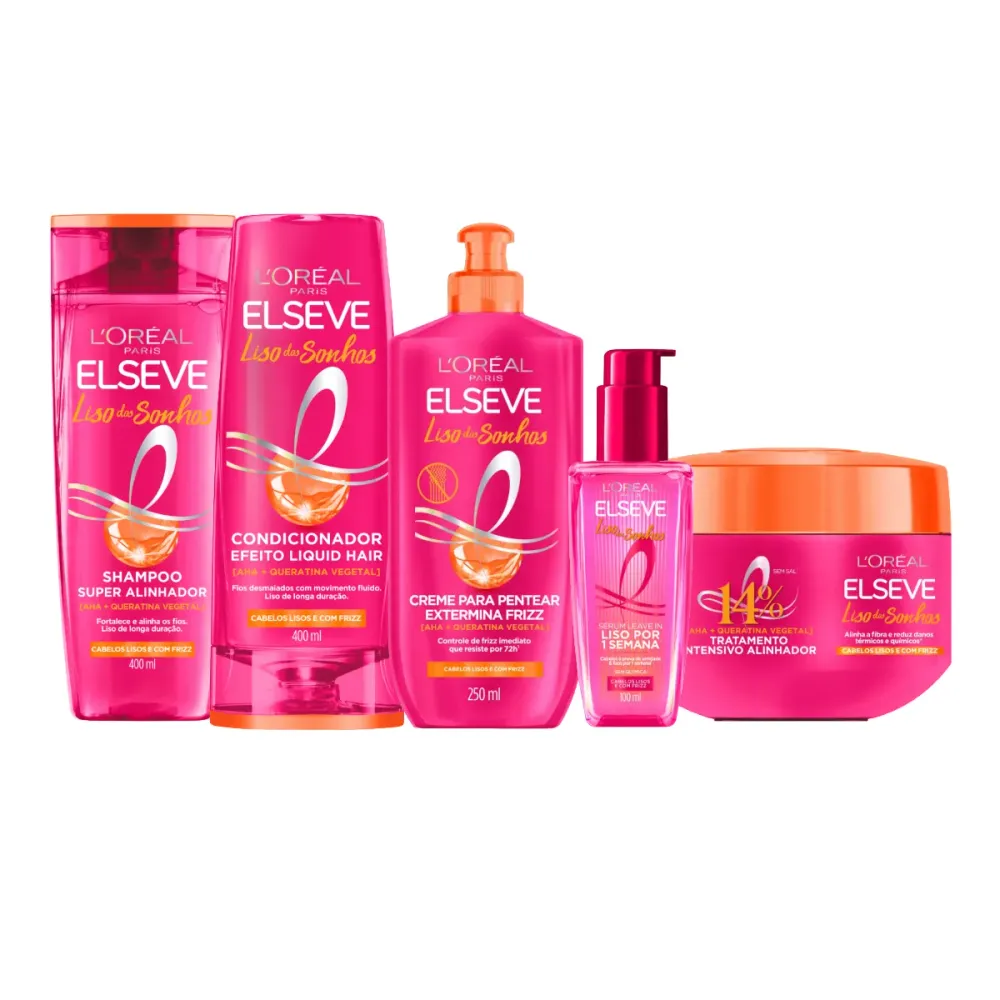 Kit Elseve Liso dos Sonhos Shampoo 400ml + Condicionador 400ml + Creme para pentear 250ml + Creme de Tratamento 300g + Sérum Leave-In 100ml
