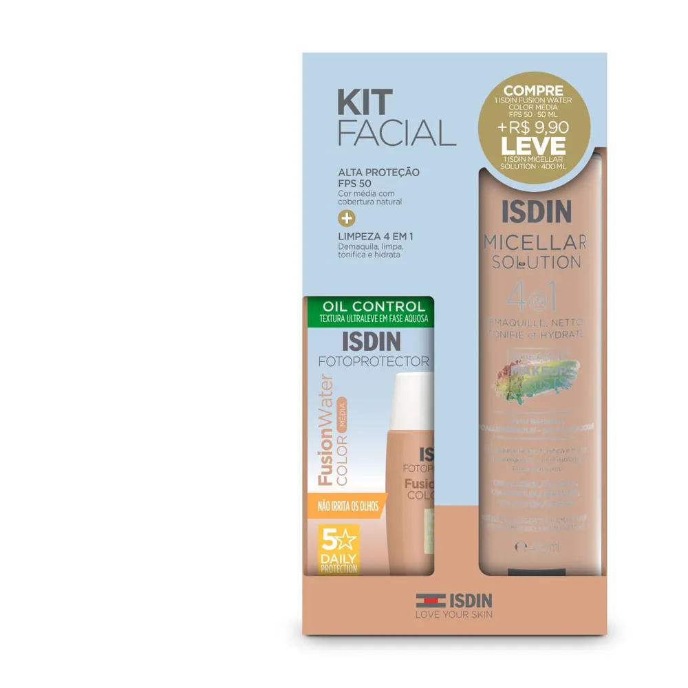 Kit Facial Isdin Fusion Water Color Cor Média Protetor Solar Facial 50ml + Micellar 400ml