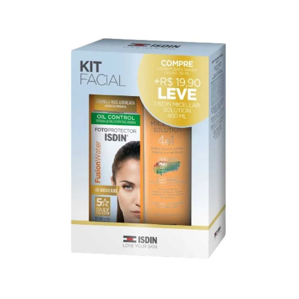 Kit Facial Protetor Solar Facial ISDIN Fusion Water FPS60 50ml 1 Unidade + Solução Micelar ISDIN Micellar Solution 400ml 1 Unidade