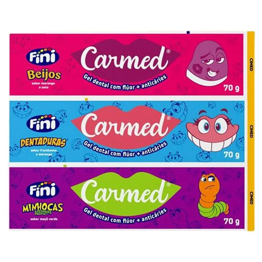 Kit Gel Dental Infantil Carmed Fini Minhocas Azedinhas Maçã-Verde + Dentaduras Framboesa E Morango + Beijos Morango E Nata Anticáries Com Flúor 70g