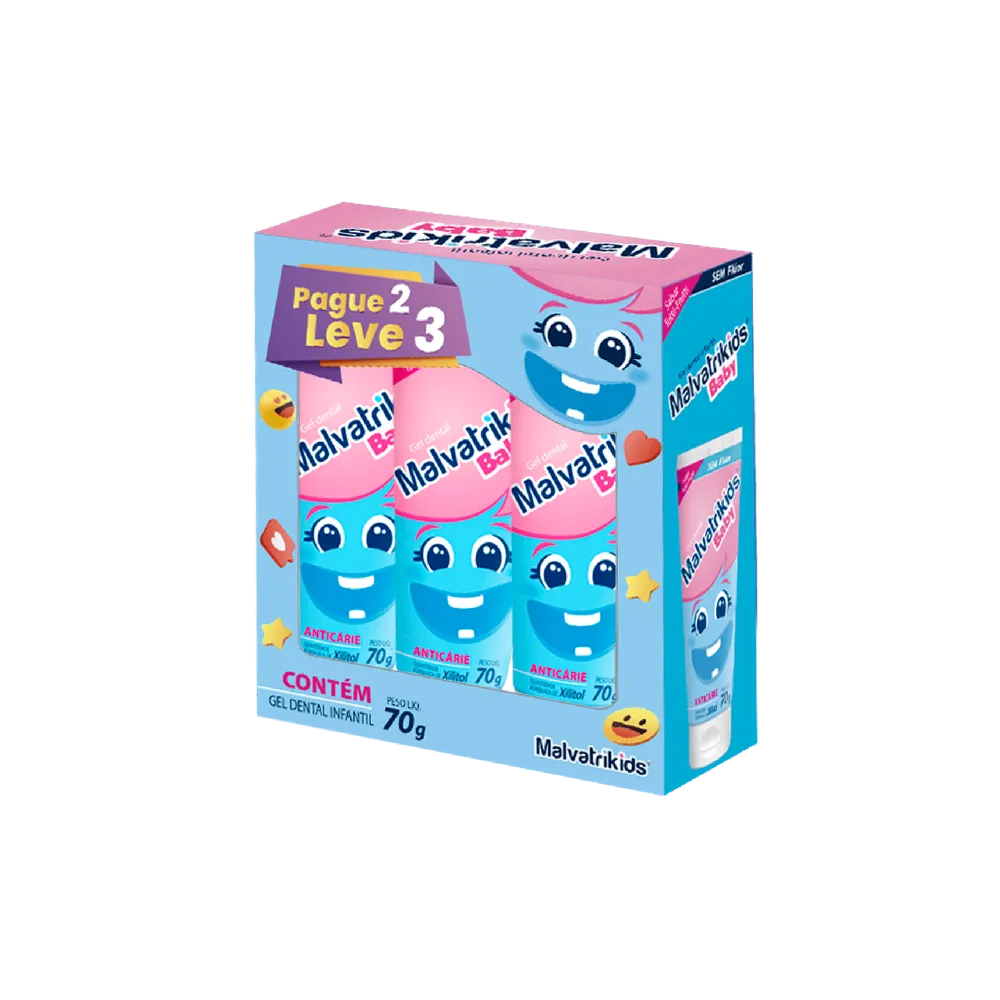 Kit Gel Dental Infantil Malvatrikids Baby Anticáries 70g 3 Unidades Leve 3 Pague 2