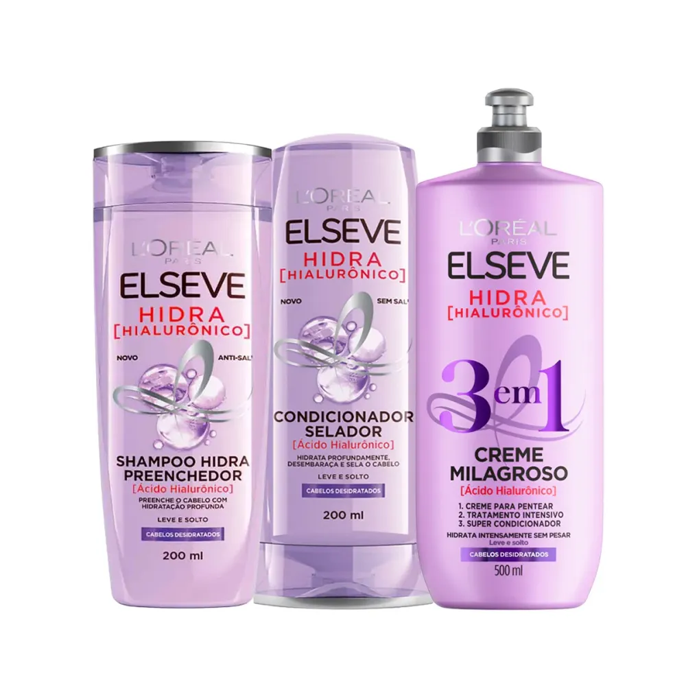 Kit L'Oréal Paris Elseve Hidra Hialurônico Shampoo 200ml + Condicionador 200ml + Creme 3 em 1 500ml