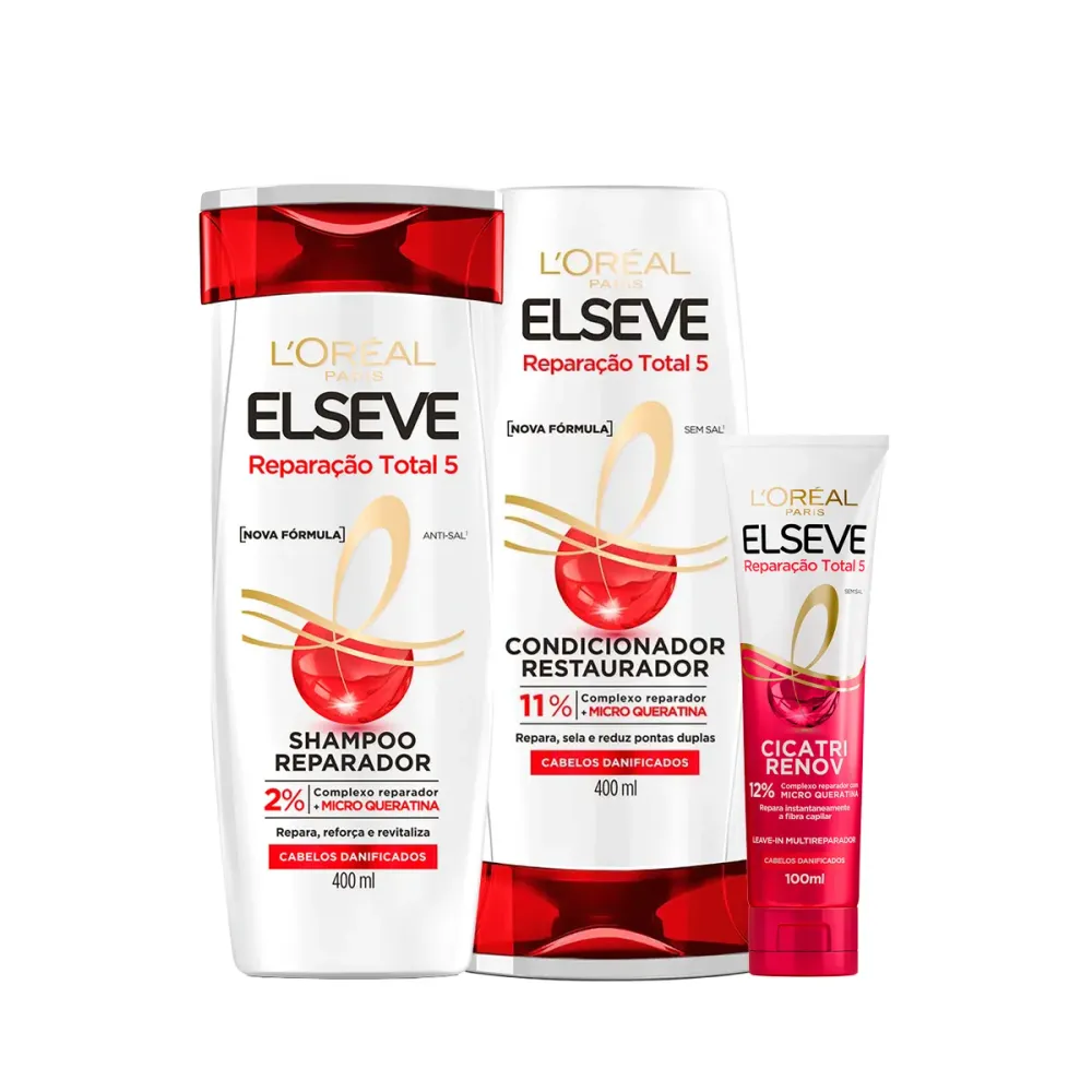 Kit L'Oréal Paris Elseve Reparação Total 5 Shampoo 400ml + Condicionador 400ml + Leave-in Cicatri Renov 100ml