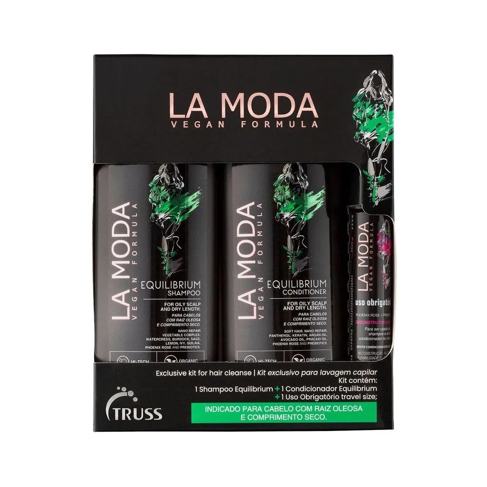 Kit Lavagem Capilar La Moda Vegan Shampoo 300ml 1 Uni + Condicionador 300ml 1uni + Reconstrutor 30ml 1 Uni