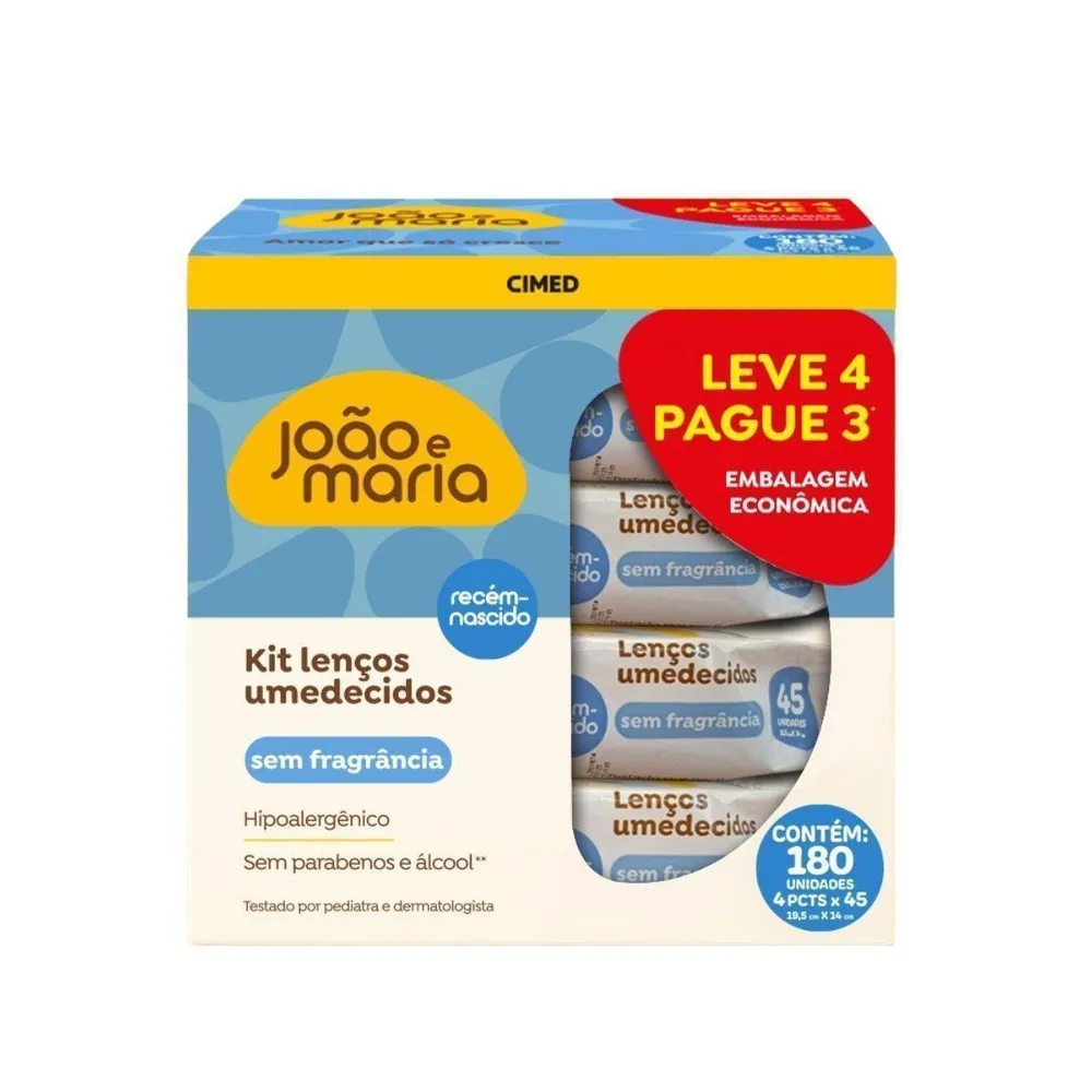 Kit Lenço Umedecido João E Maria Recém-Nascido Sem Fragrância Com Glicerina E Aloe Vera 4 Un Com 45 Folhas Cada Leve 4 Pague 3 Unidades