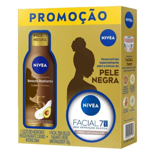 Kit Loção Hidratante Nivea Beleza Radiante Pele Negra 200ml 1 Unidade + Creme Facial Nivea Uniformizador 100g 1 Unidade