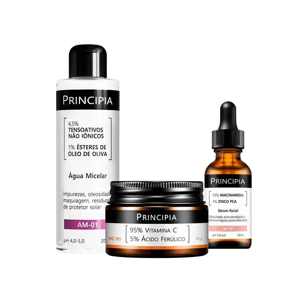 Kit Principia Água Micelar Am-01 200ml + Tratamento Facial em Pó 10g + Sérum Principia NC-10 30ml