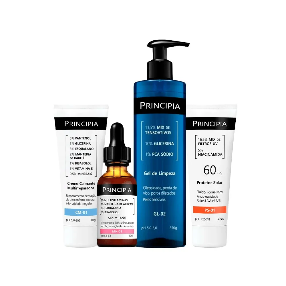 Kit Principia Creme Facial CM-01 40g Gel de Limpeza Facial GL-02 350g + Sérum Facial Mix-03 30ml + Protetor Solar FPS60 40ml