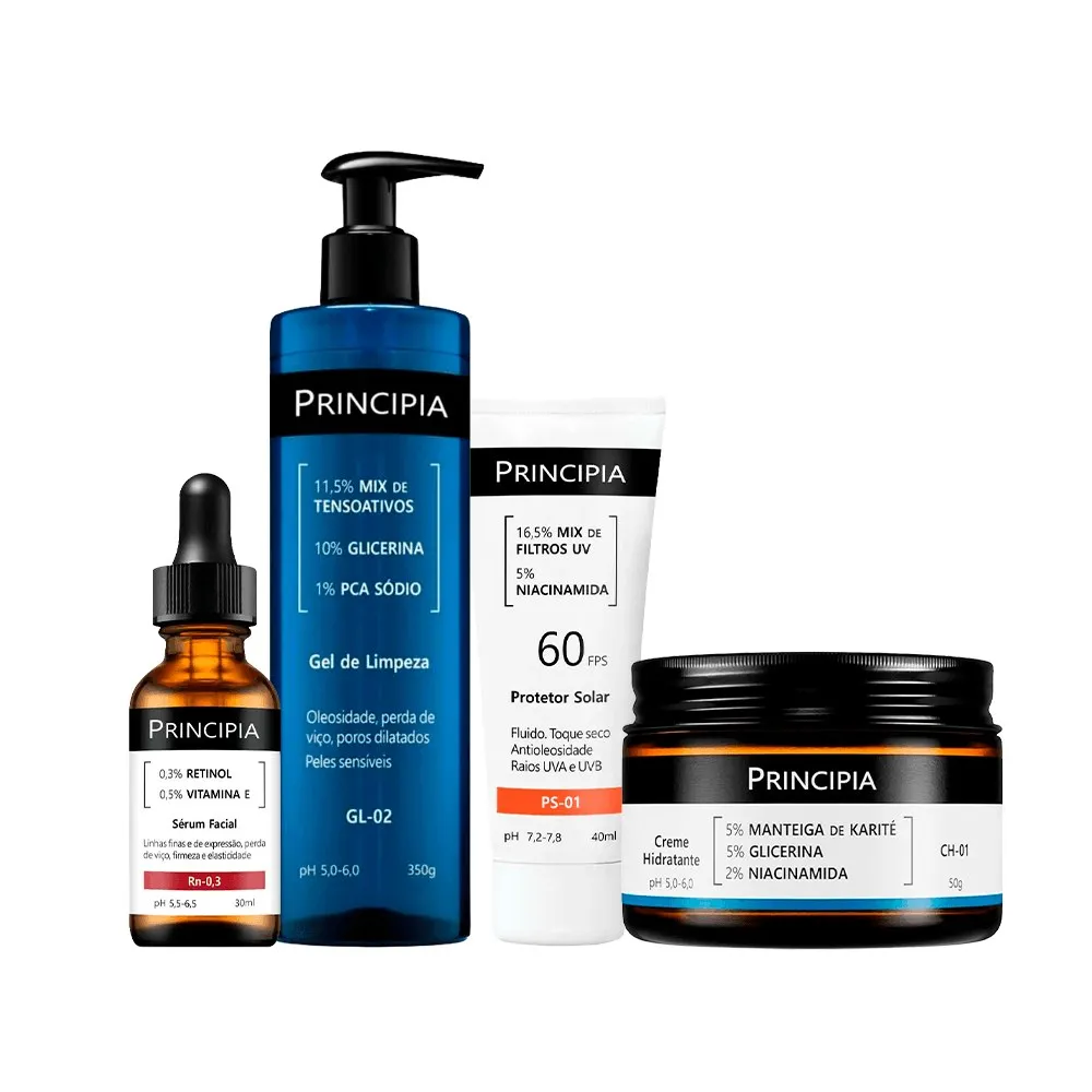 Kit Principia Creme Hidratante Ch-01 50g + Sérum 30ml + Gel de Limpeza Facial 350g + Protetor Solar FPS60 40ml
