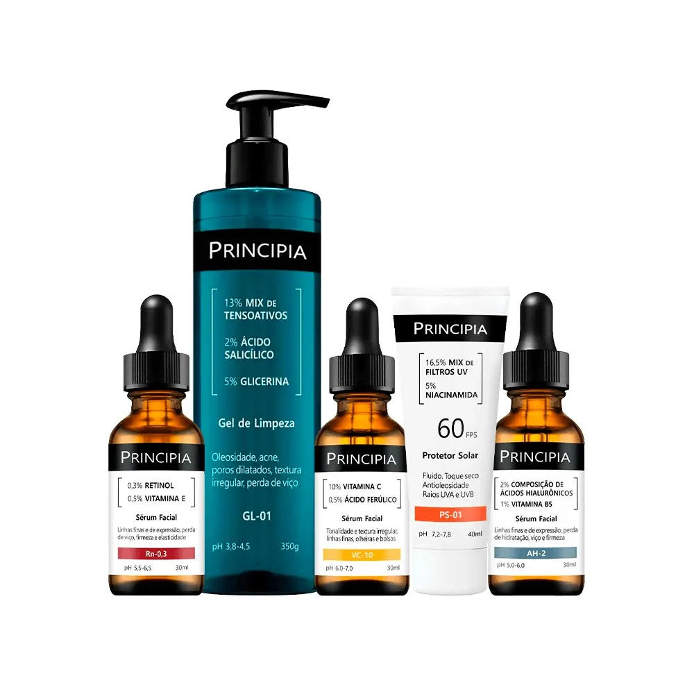 Kit Principia Gel de Limpeza Facial 350ml + Sérum Vitamina B5 30ml + Sérum Vitamina C 30ml + Sérum Vitamina E 30ml + Protetor Solar FPS60 40ml