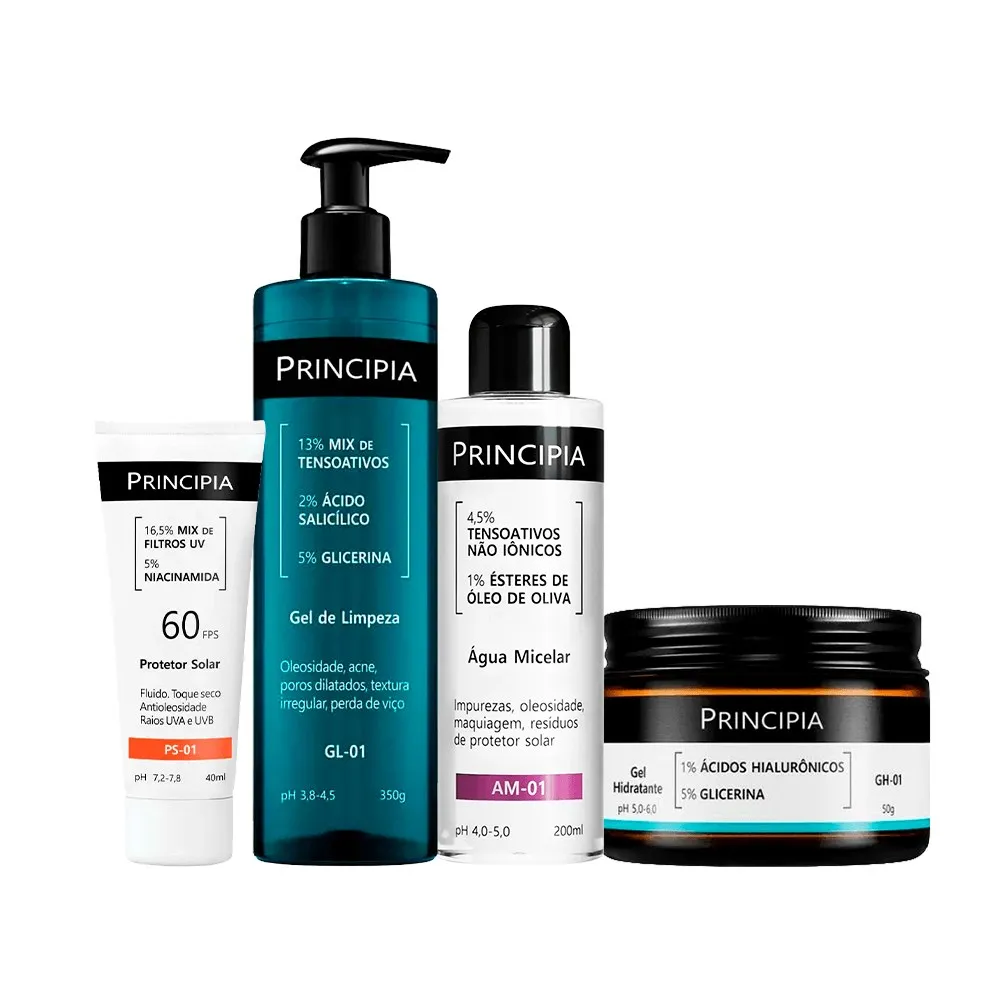 Kit Principia Gel de Limpeza Facial GL-01 350ml + Água Micelar Am-01 200ml + Gel Hidratante Gh-01 50g + Protetor Solar PS-01 FPS60 40ml