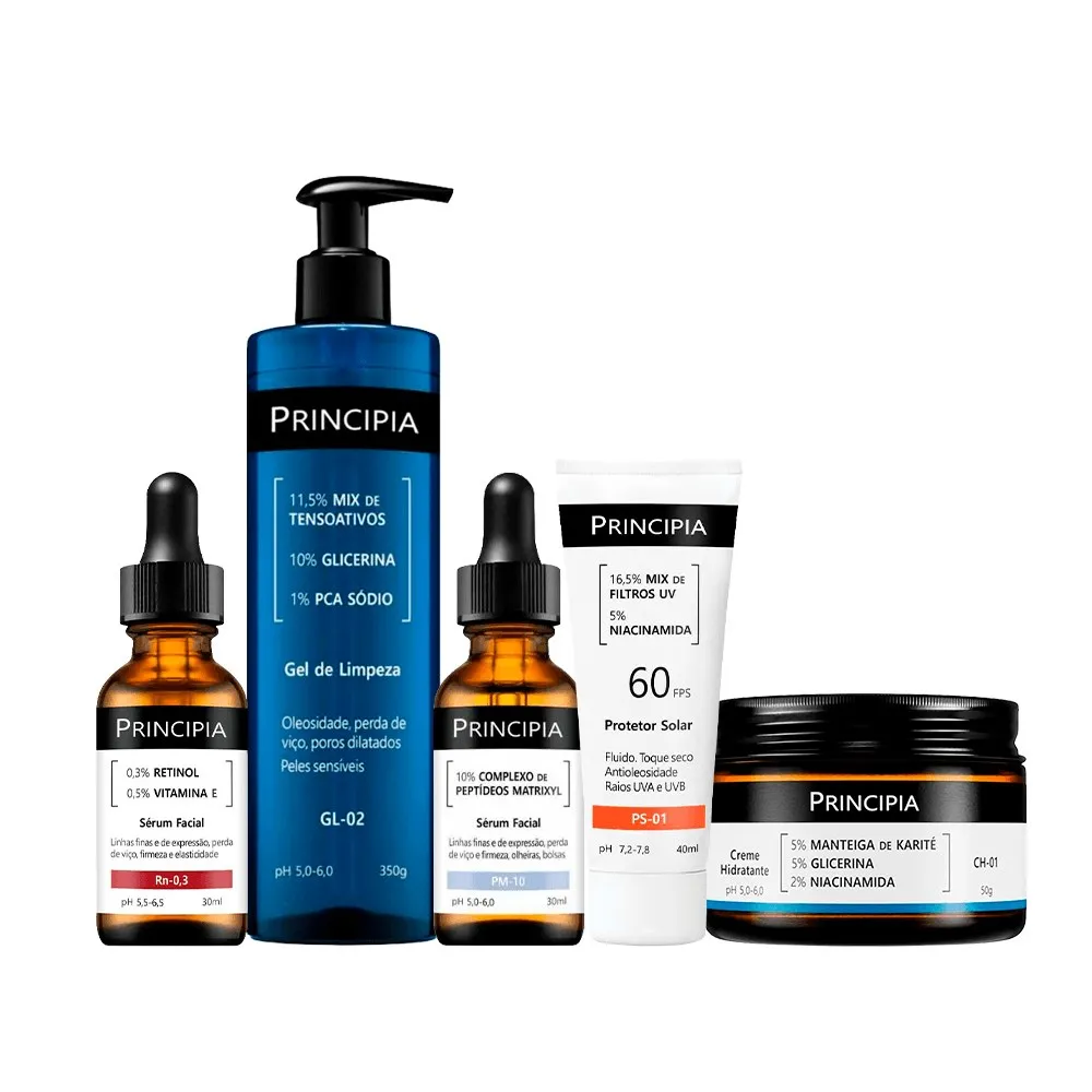 Kit Principia Gel de Limpeza Facial GL-02 350g + Creme Hidratante Ch-01 50g + Sérum Vitamina E 30ml + Sérum 30ml + Protetor Solar PS-01 FPS60 40ml