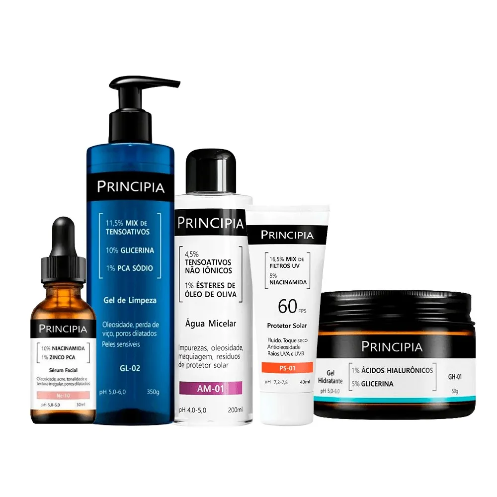 Kit Principia Gel de Limpeza Facial GL-02 350g + Gel Hidratante Gh-01 50g + Sérum 30ml + Água Micelar Am-01 200ml + Protetor Solar PS-01 FPS60 40ml