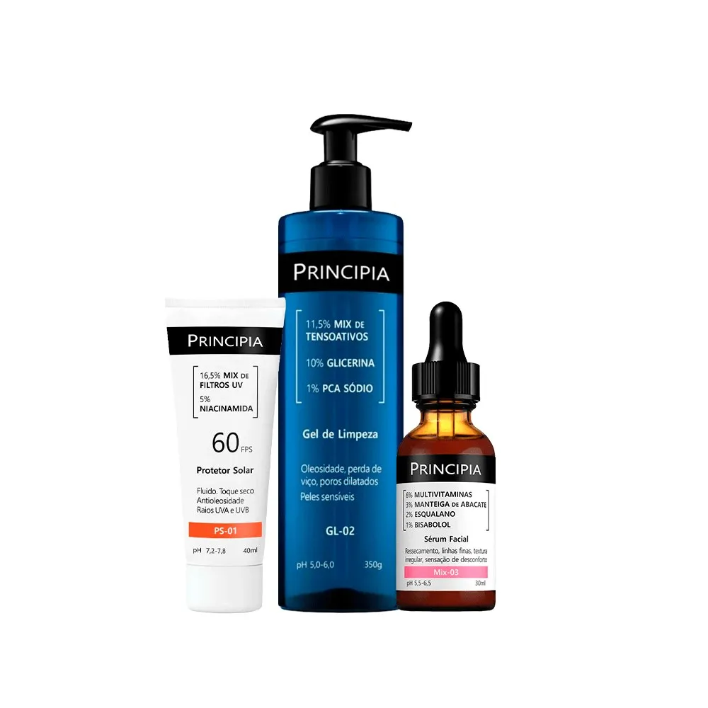 Kit Principia Gel de Limpeza GL-02 350g + Sérum Mix-03 30ml + Protetor Solar PS-01 FPS60 40ml
