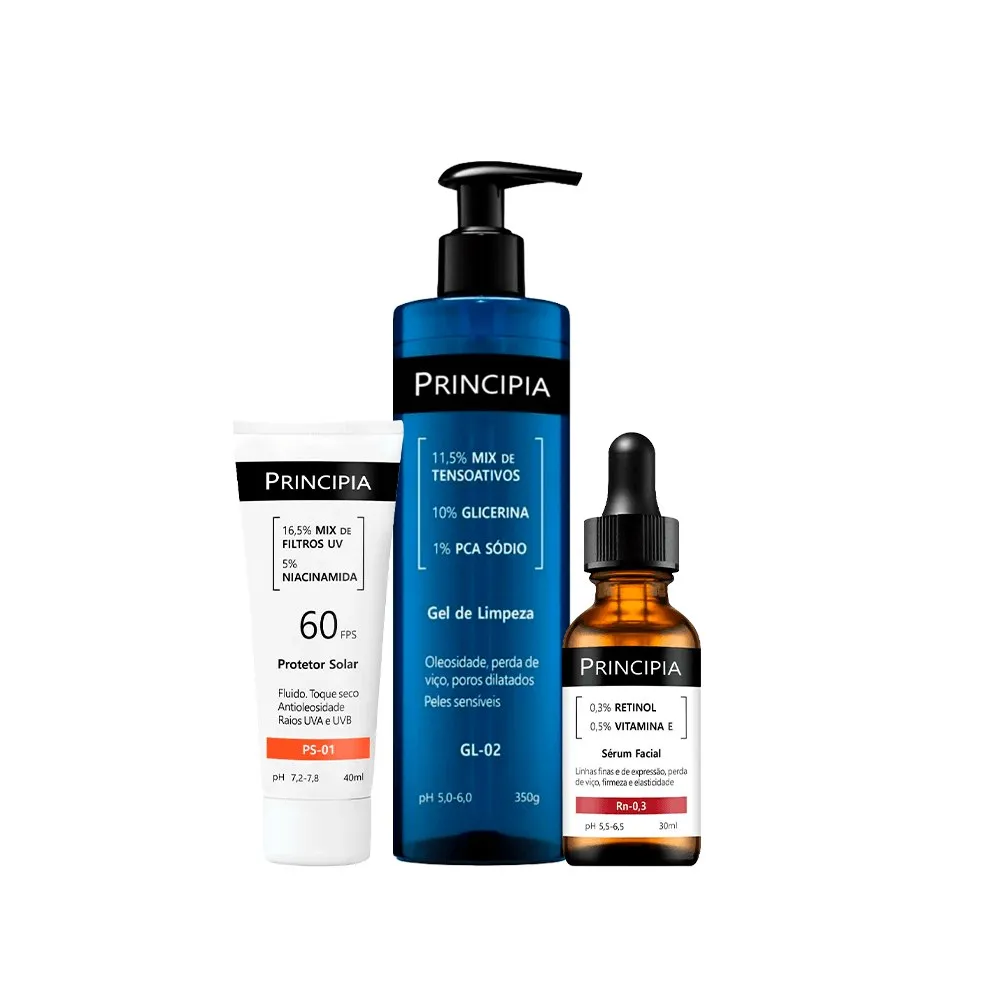 Kit Principia Gel de Limpeza GL-02 350g + Sérum Vitamina E 30ml + Protetor Solar PS-01 FPS60 40ml