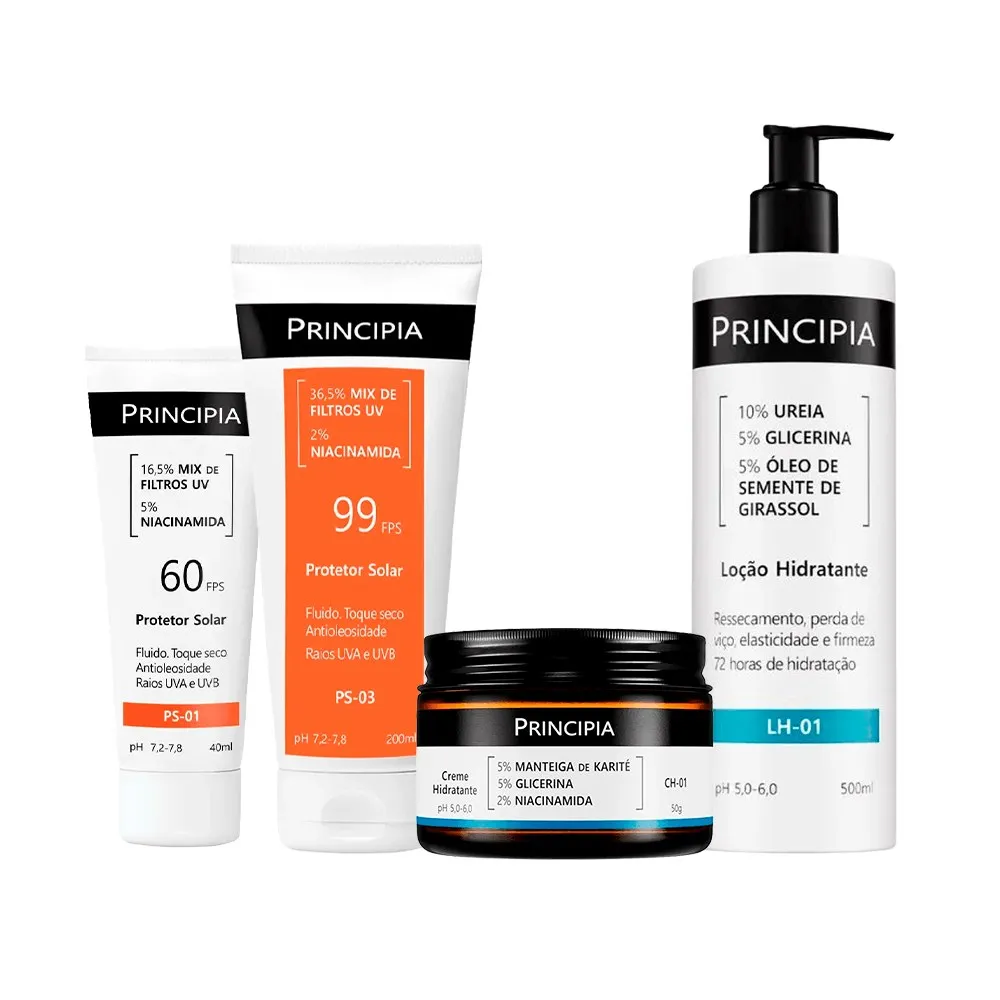 Kit Principia Loção Hidratante Lh-01 500ml + Creme Hidratante Ch-01 50g + Protetor Solar PS-01 FPS60 40ml + Protetor Solar FPS60 PS-03 200ml