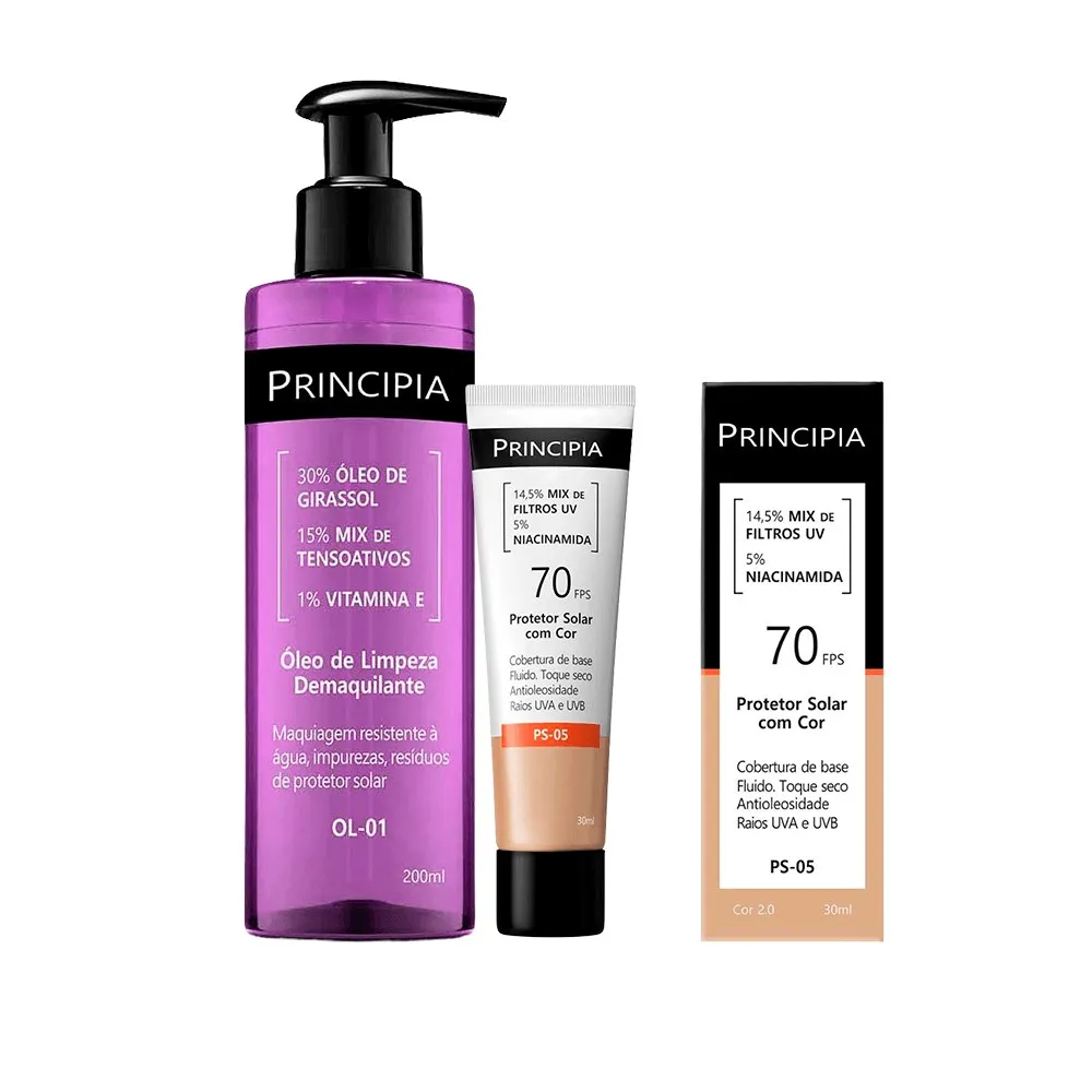 Kit Principia Protetor Solar Facial Ps-05 Cor 2.0 Fps60 30ml + Óleo de Limpeza OL-01 Demaquilante 200ml