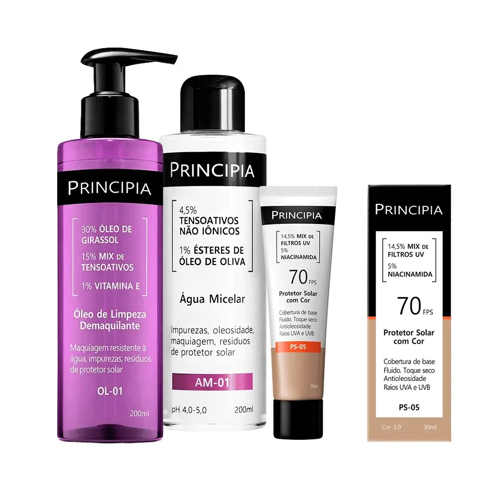 Kit Principia Protetor Solar Facial Ps-05 Cor 3.0 Fps70 30ml + Água Micelar Am-01 200ml + Óleo de Limpeza OL-01 Demaquilante 200ml