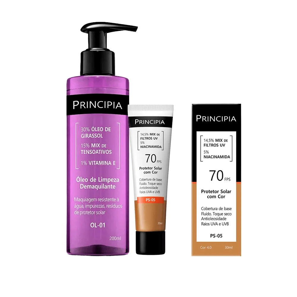 Kit Principia Protetor Solar Facial Ps-05 Cor 4.0 Fps60 30ml + Óleo de Limpeza OL-01 Demaquilante 200ml
