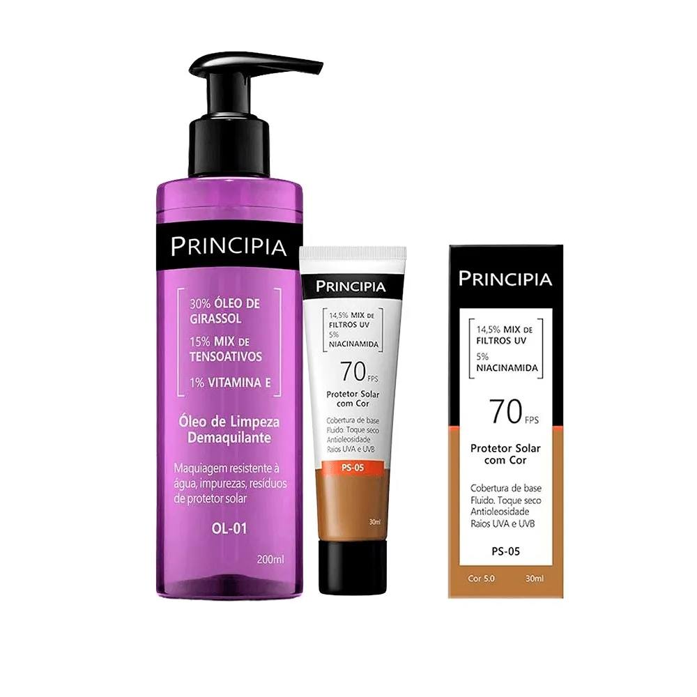 Kit Principia Protetor Solar Facial Ps-05 Cor 5.0 Fps60 30ml + Óleo de Limpeza OL-01 Demaquilante 200ml