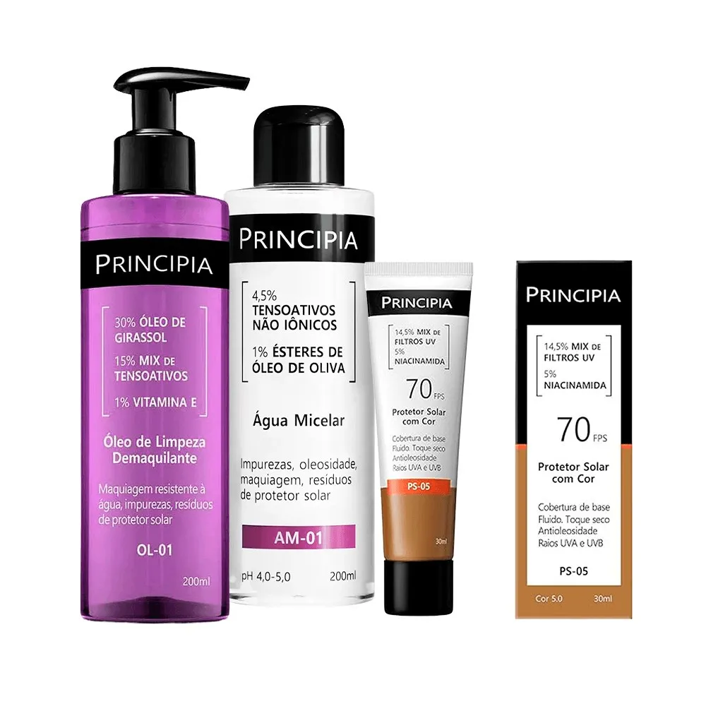 Kit Principia Protetor Solar Facial Ps-05 Cor 5.0 Fps70 30ml + Água Micelar Am-01 200ml + Óleo de Limpeza OL-01 Demaquilante 200ml