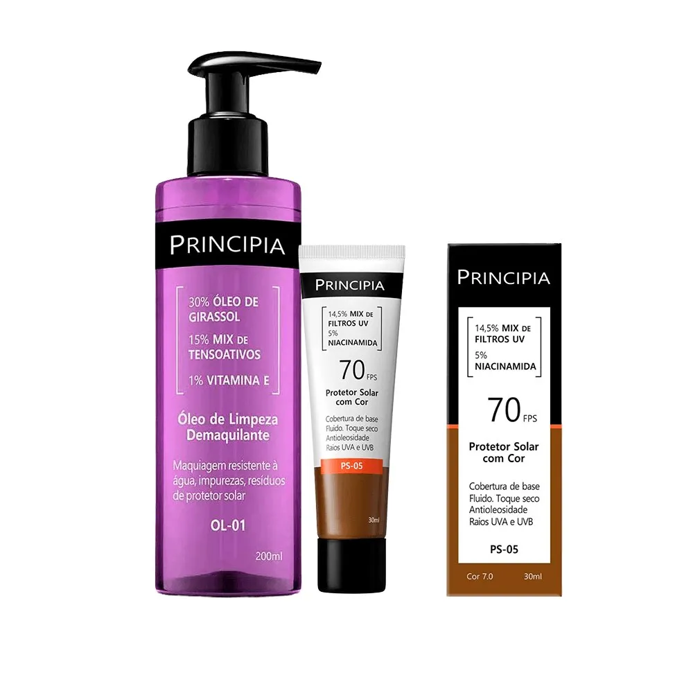 Kit Principia Protetor Solar Facial Ps-05 Cor 7.0 Fps60 30ml + Óleo de Limpeza OL-01 Demaquilante 200ml