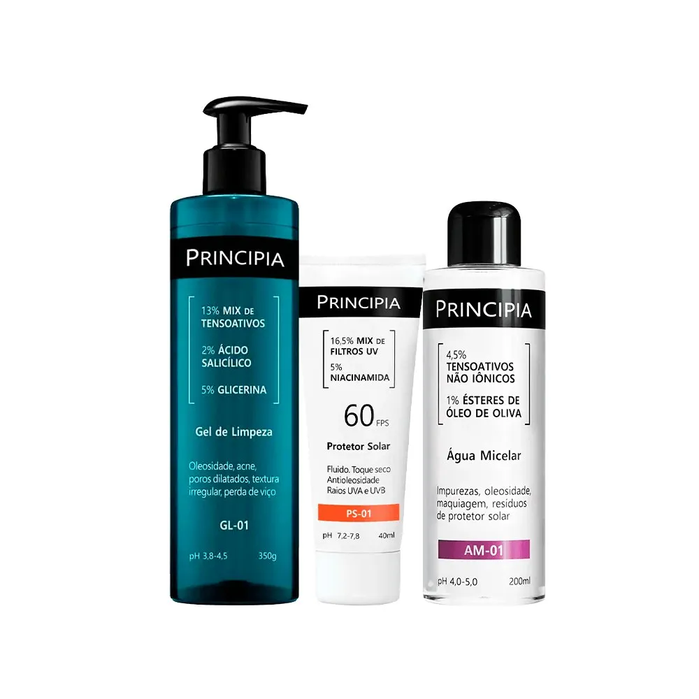 Kit Principia Protetor Solar FPS60 40ml + Água Micelar 200ml + Gel de Limpeza Facial 350ml