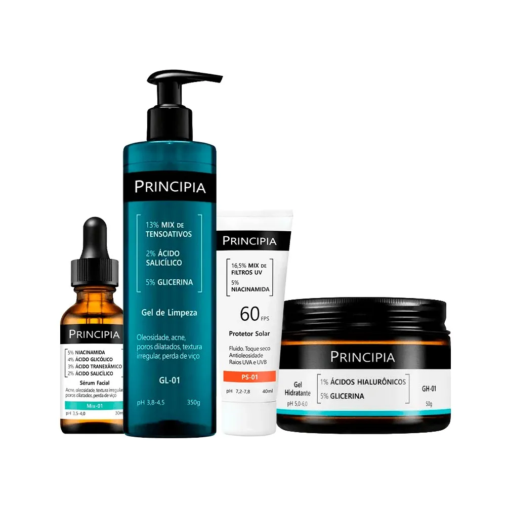 Kit Principia Sérum Facial 30ml + Gel Hidratante Skincare Gh-01 50g + Protetor Solar FPS60 40ml + Gel de Limpeza Facial 350ml