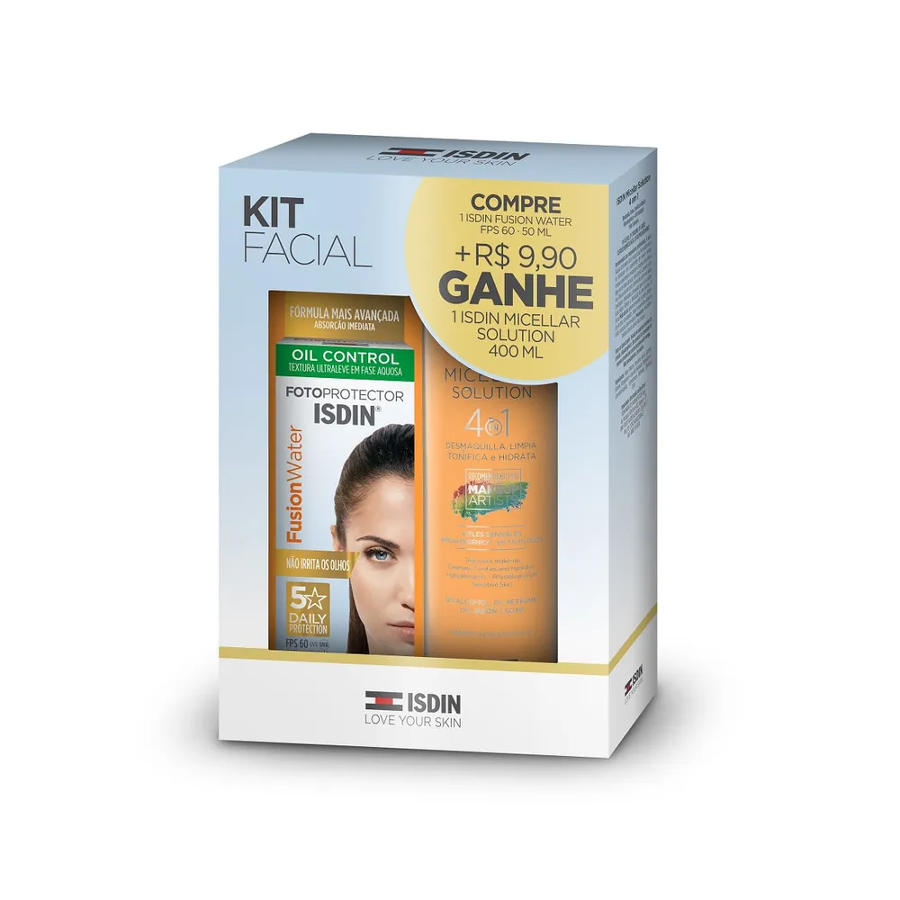 Kit Protetor Solar Facial ISDIN Fusion Water Oil Control FPS60 50ml 1 Unidade + Água Micelar ISDIN 4 em 1 400ml 1 Unidade