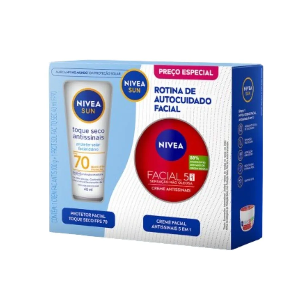 Kit Protetor Solar Facial Nivea Sun Antissinais FPS70 40ml 1 Unidade + Creme Facial Antissinais Nivea 5 em 1 100g 1 Unidade