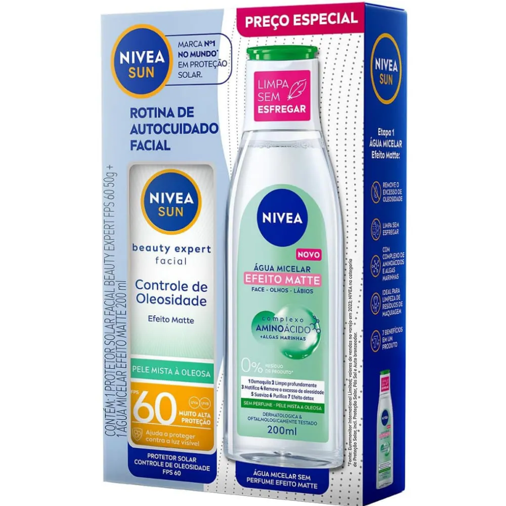 Kit Protetor Solar Facial Nivea Sun UV Face FPS60 Controle de Oleosidade Pele Mista a Oleosa 50g 1 Unidade + Água Micelar Efeito Matte 200ml 1 Unidade