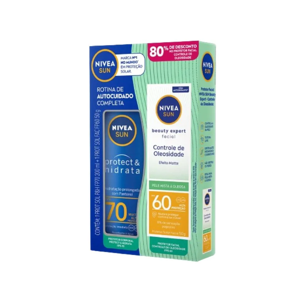 Kit Protetor Solar Nivea Sun FPS70 200ml 1 Uni + Protetor Solar Facial Nivea Beauty Expert Controle de Oleosidade FPS60 50g 1 Uni