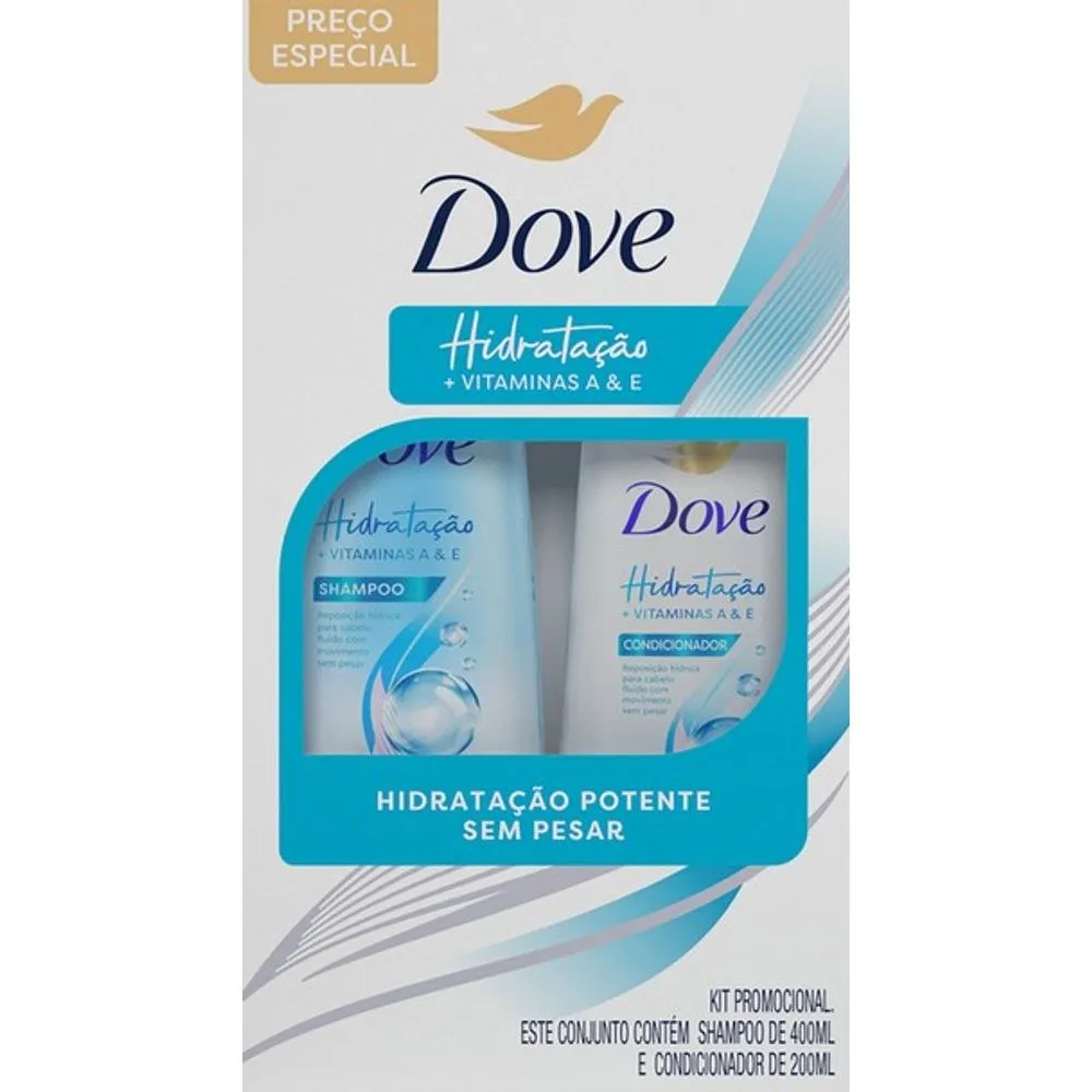 Kit Shampoo Dove Hidratação + Vitaminas A & E 400ml 1 Unidade + Condicionador Dove Hidratação + Vitaminas A & E 200ml 1 Unidade