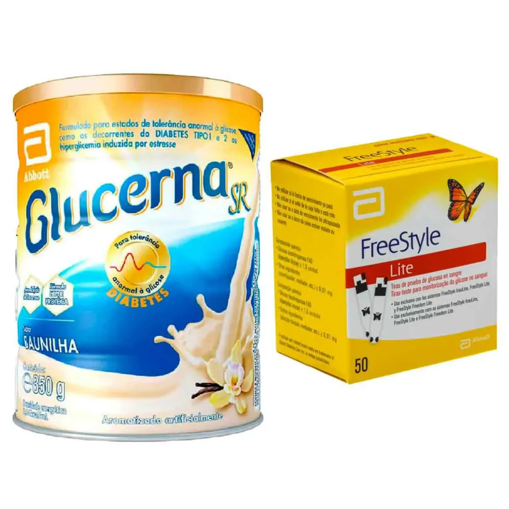 Kit Suplemento Alimentar Glucerna Baunilha 850g + Tiras de Teste para Glicose Freestyle Lite 50 unidades