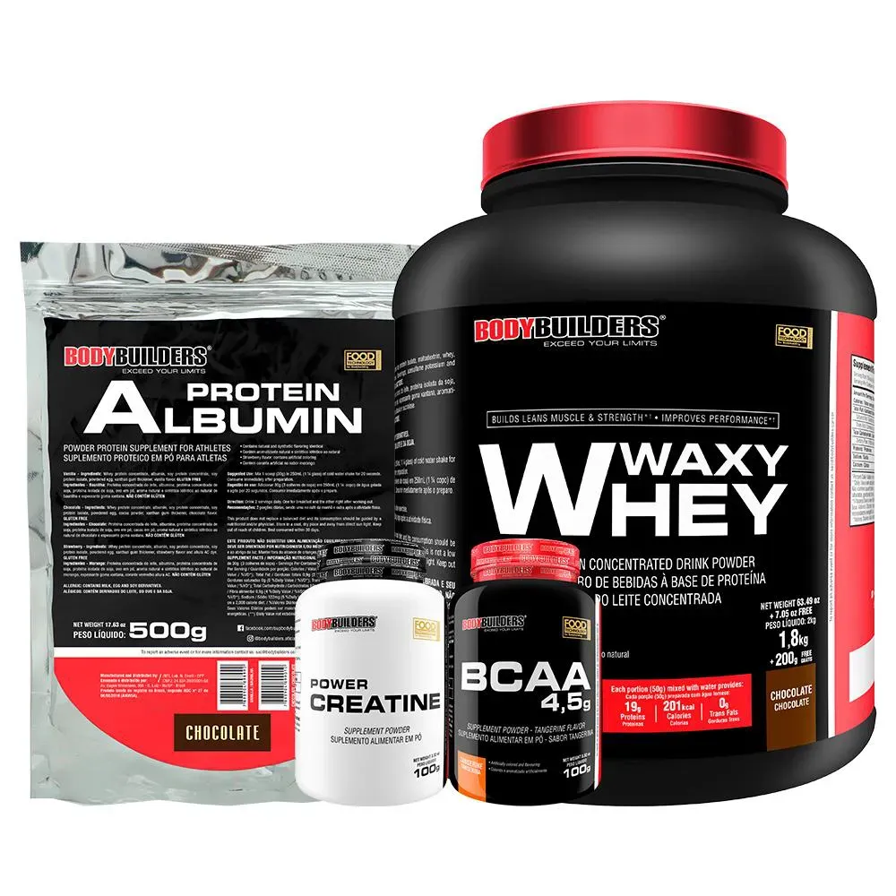Kit Waxy Whey 2kg + Albumina 500g + Bcaa 100g Tangerina + Power Creatina 100g - Bodybuilders