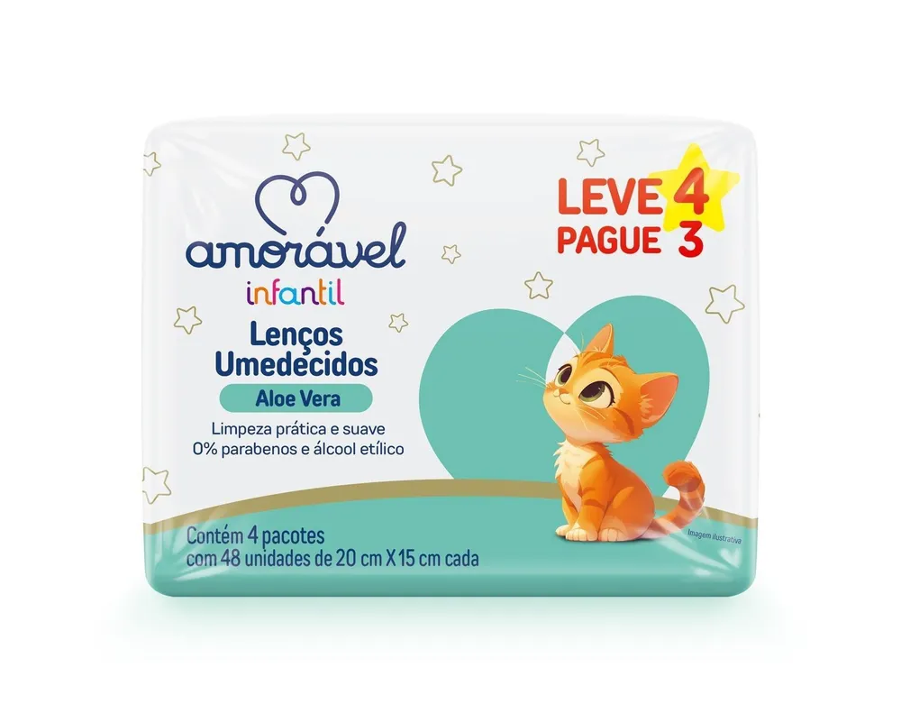 Lenços Umedecidos Amorável Aloe E Vera Com 192 Unidades Leve 4 Pague 3