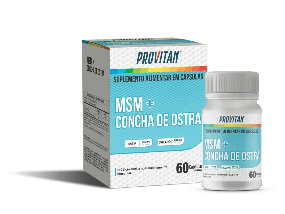 MSM (Metilsulfonilmetano) + Concha de Ostra (Cálcio) Provitan 660 mg – 60 Cápsulas para Saúde Articular