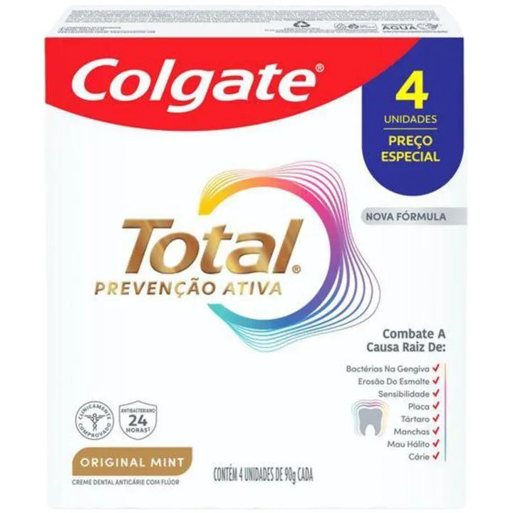 Pack Creme Dental Original Mint Colgate Total Prevenção Ativa 4 Unidades De 90g Cada