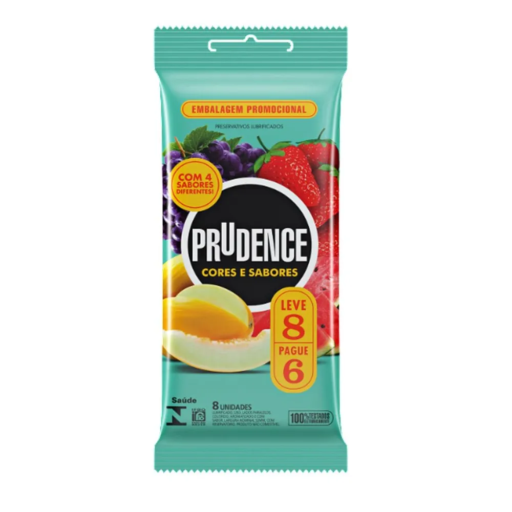 Preservativo Prudence Cores & Sabores Lubrificado Sabores Sortidos 8 Unidades