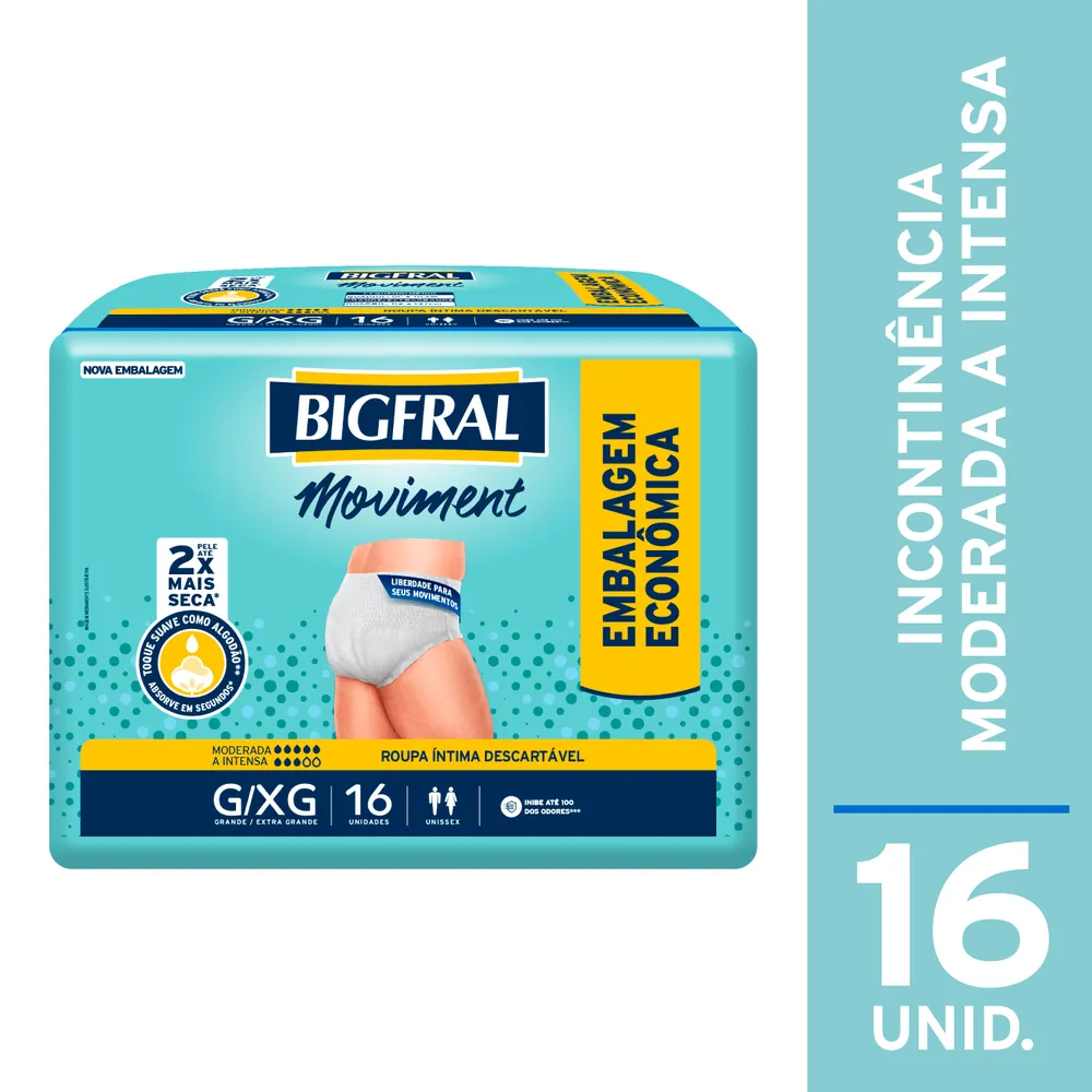 Roupa Íntima Descartável Bigfral Moviment Incontinência Urinária Moderada a Intensa G/XG 16 Unidades