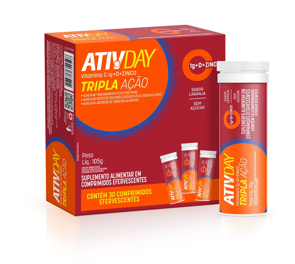 Suplemento Alimentar Ativday Vitamina C Tripla Ação 30 Comprimidos Efervecentes